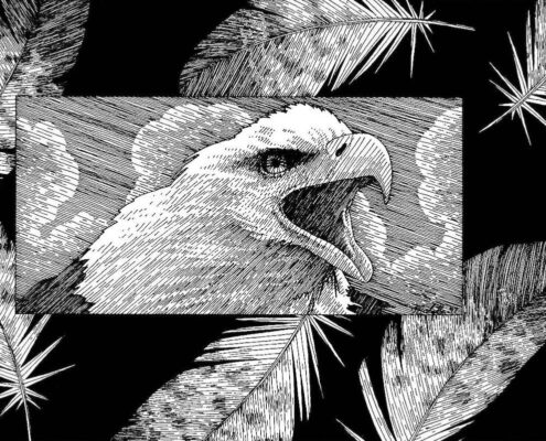 Artwork by Jack Malotte in black white, done with pen of an eagle and eagle feathers floating around.